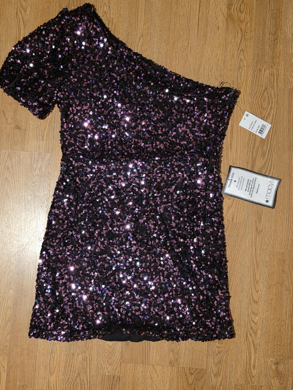 Crystal Doll One-Shoulder Purple and Black Sequin Mini Dress